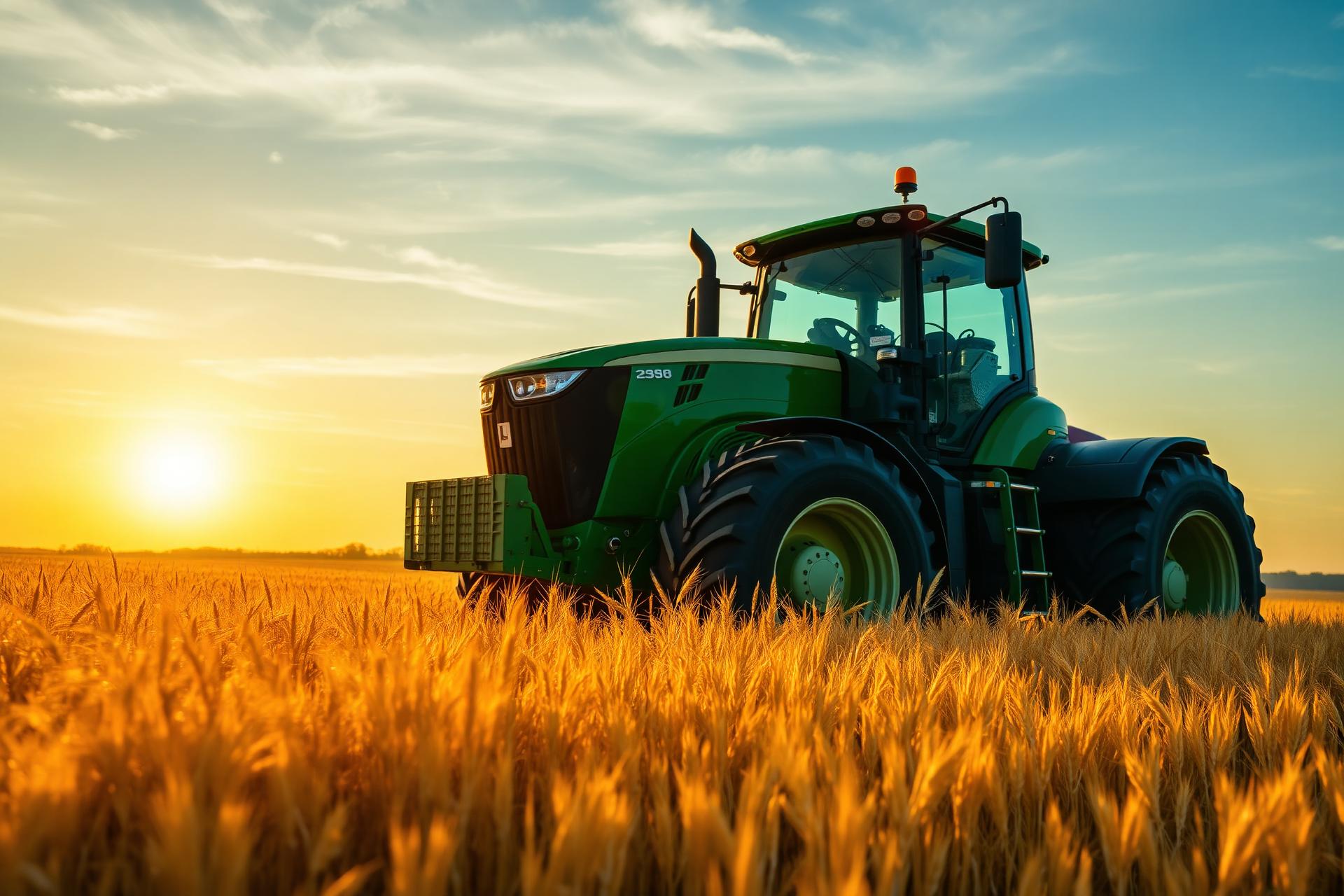 Trator agrícola em fazenda ao pôr do sol